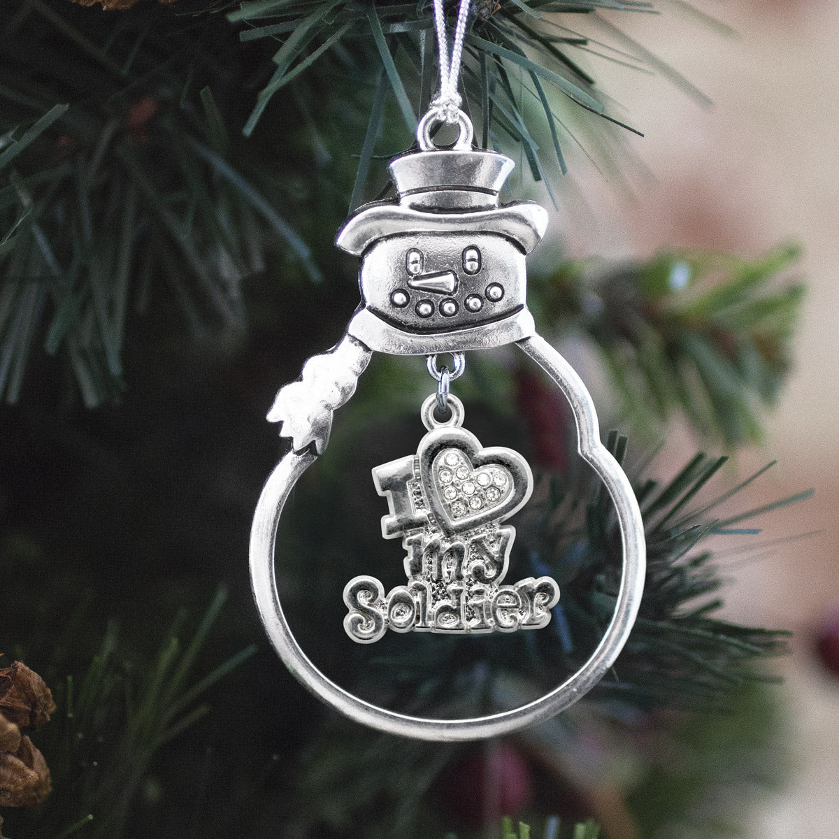 Silver I Love My Soldier Charm Snowman Ornament