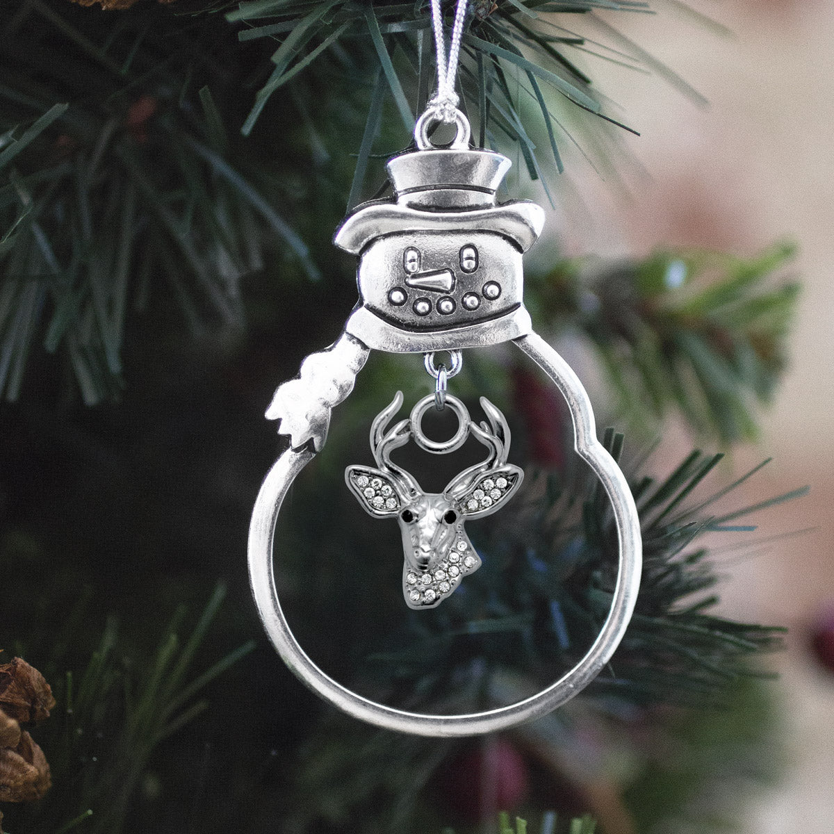 Silver Deer Charm Snowman Ornament