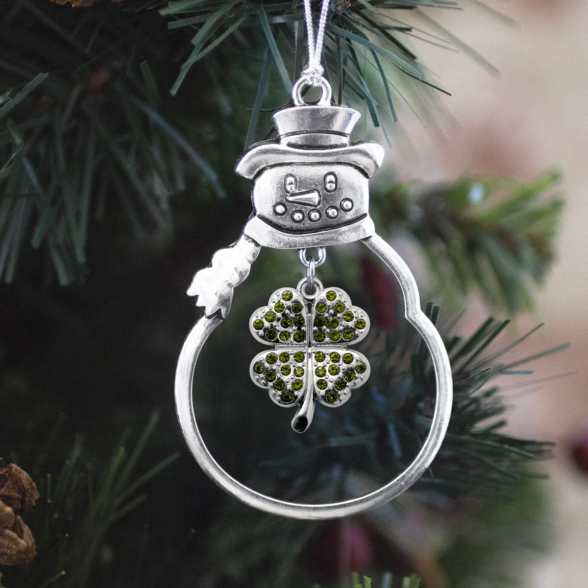 Silver Four Leaf Clover Charm Snowman Ornament