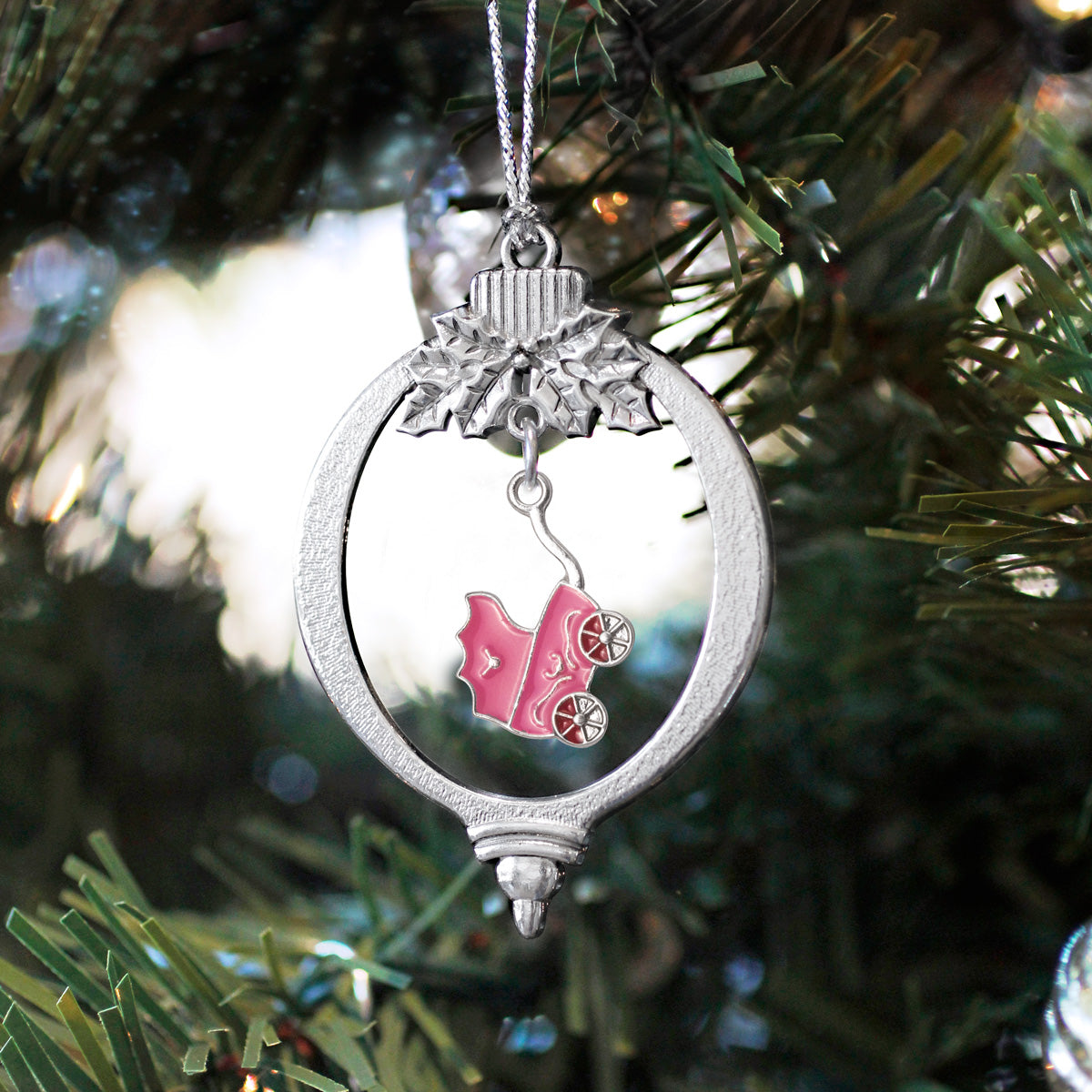 Silver Pink Stroller Charm Holiday Ornament