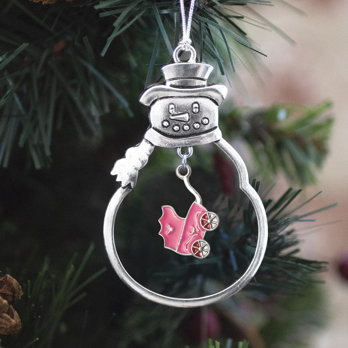 Silver Pink Stroller Charm Snowman Ornament