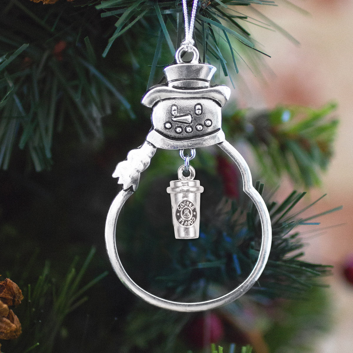 Silver Coffee Travel Mug Charm Snowman Ornament