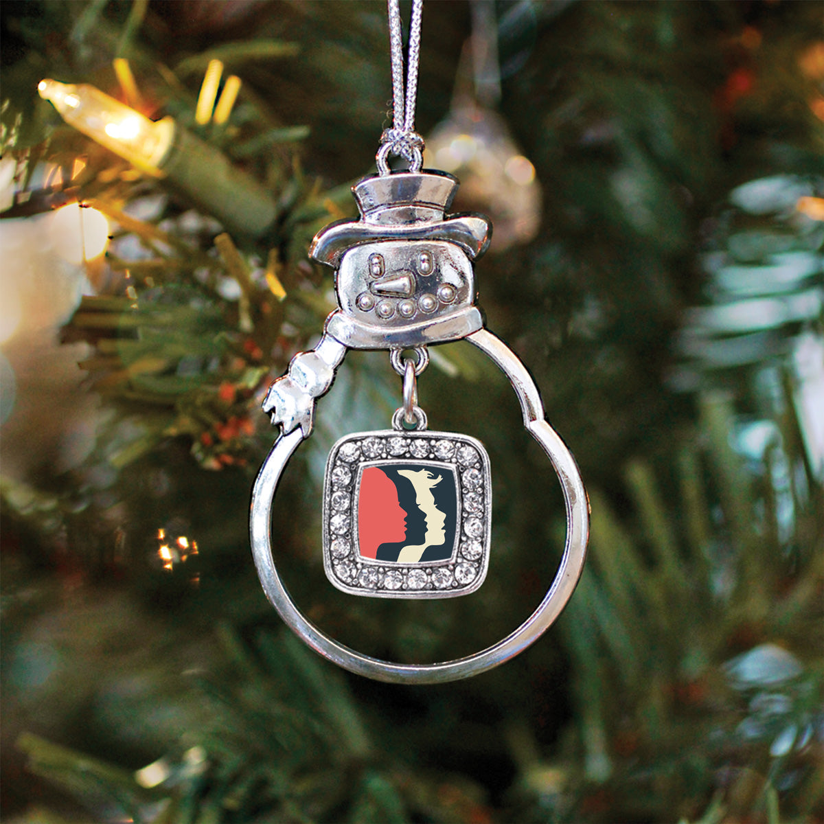 Silver Womens March Logo Square Charm Snowman Ornament