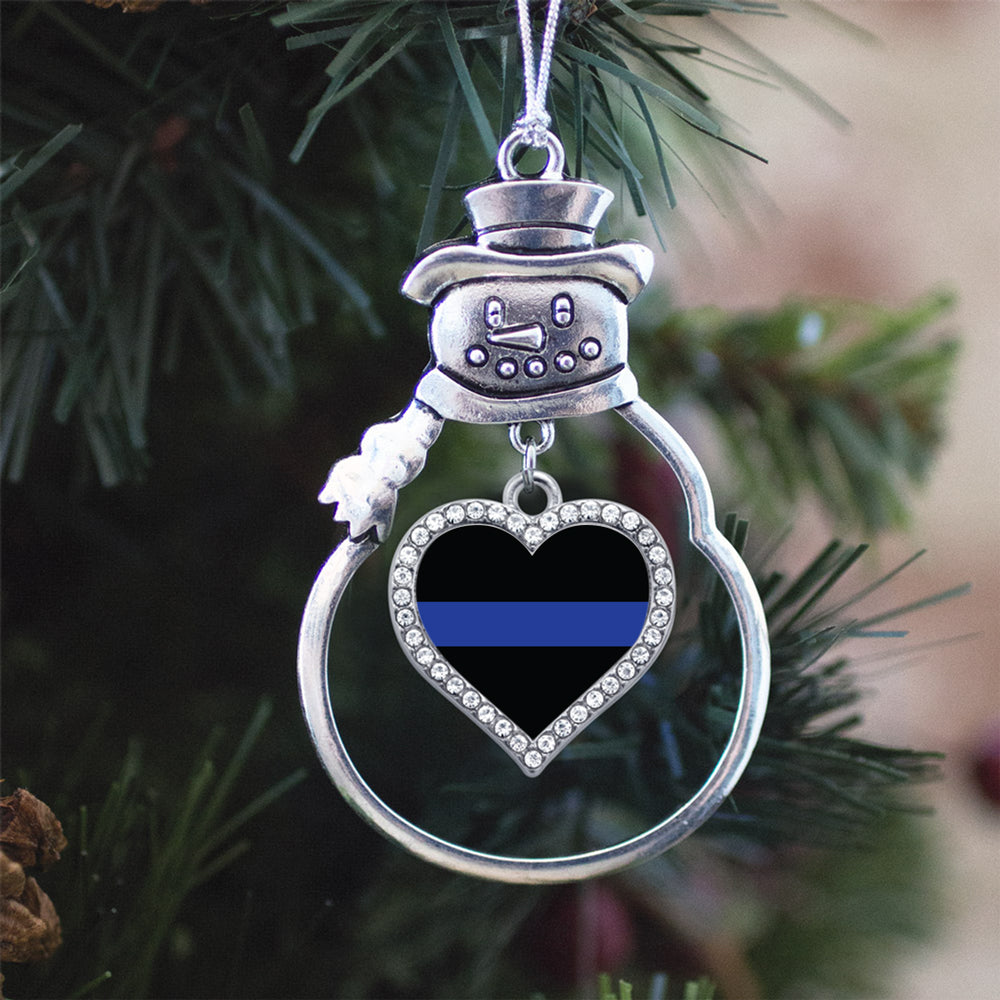 Silver Thin Blue Line - Police Support Open Heart Charm Snowman Ornament