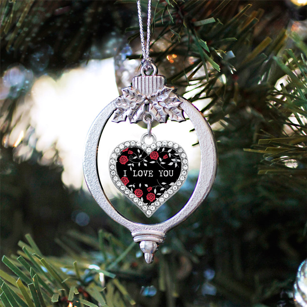 Silver Rose Pattern - I LOVE YOU Open Heart Charm Holiday Ornament