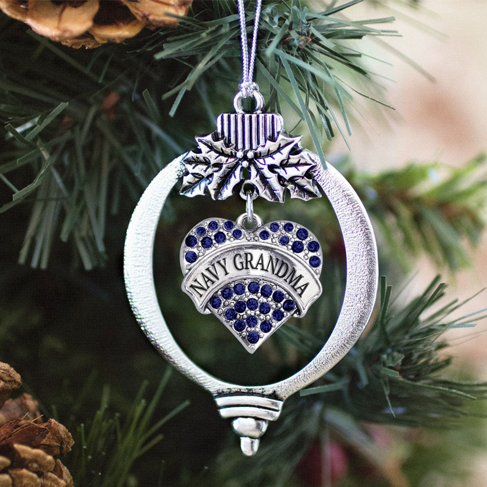 Silver Navy Grandma Blue Pave Heart Charm Holiday Ornament