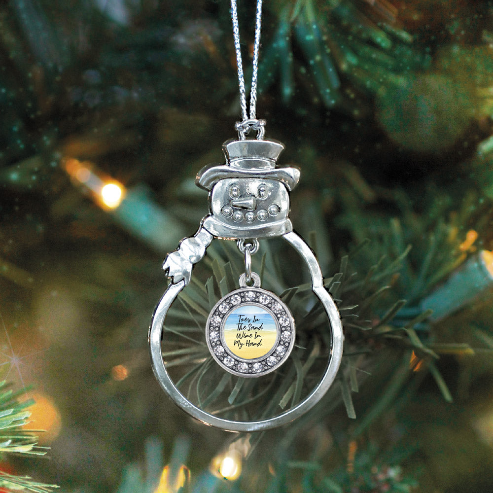 Silver Toes in the Sand, Wine in My Hand Circle Charm Snowman Ornament