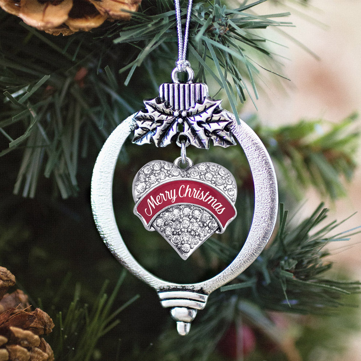 Silver Red Merry Christmas Pave Heart Charm Holiday Ornament