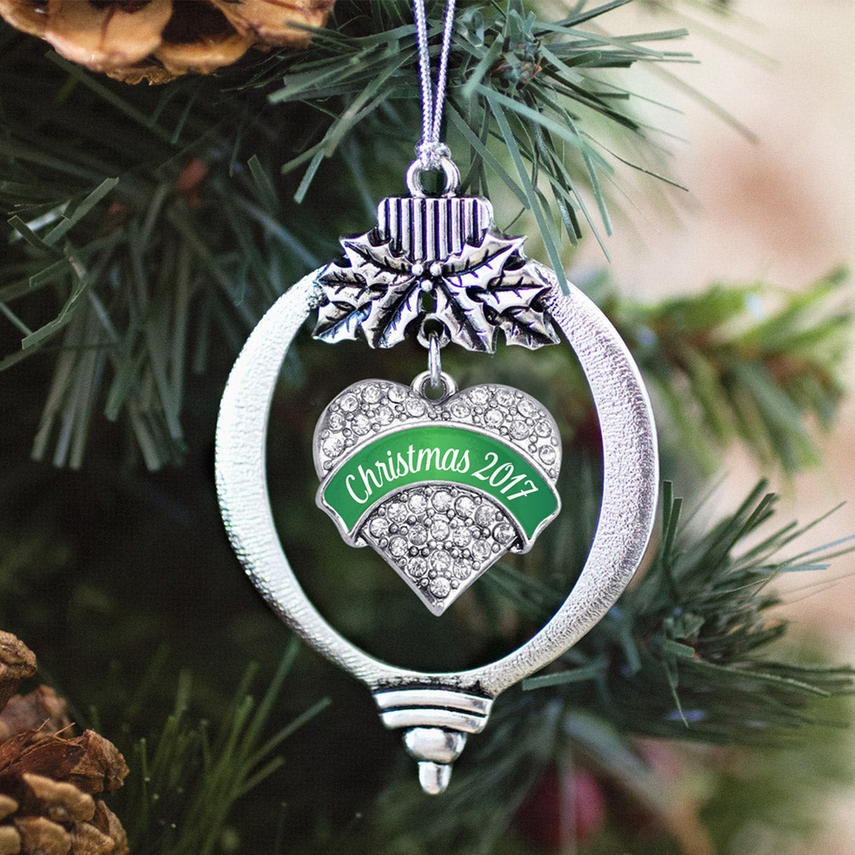 Silver Green Christmas 2017 Pave Heart Charm Holiday Ornament