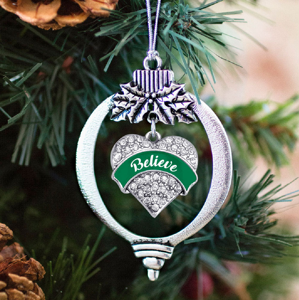 Silver Green Believe Pave Heart Charm Holiday Ornament