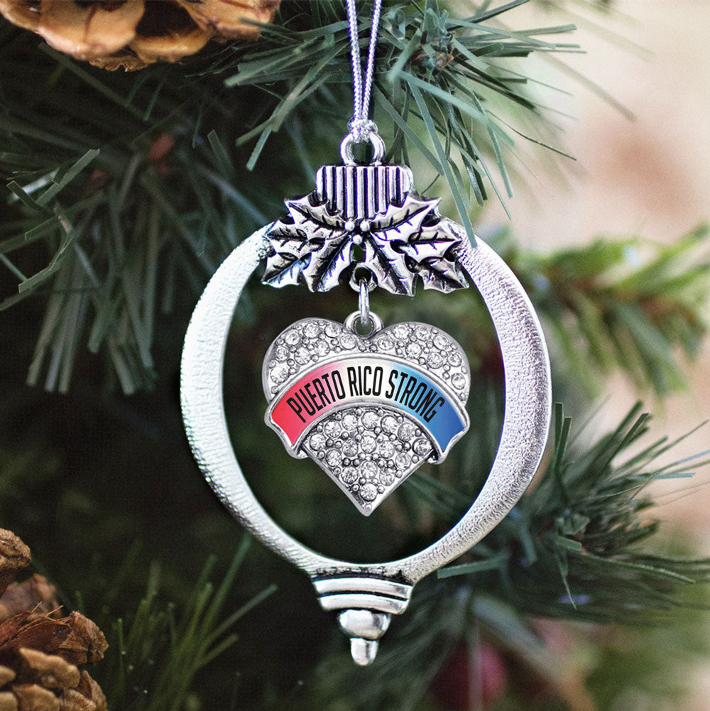 Silver Puerto Rico Strong Pave Heart Charm Holiday Ornament