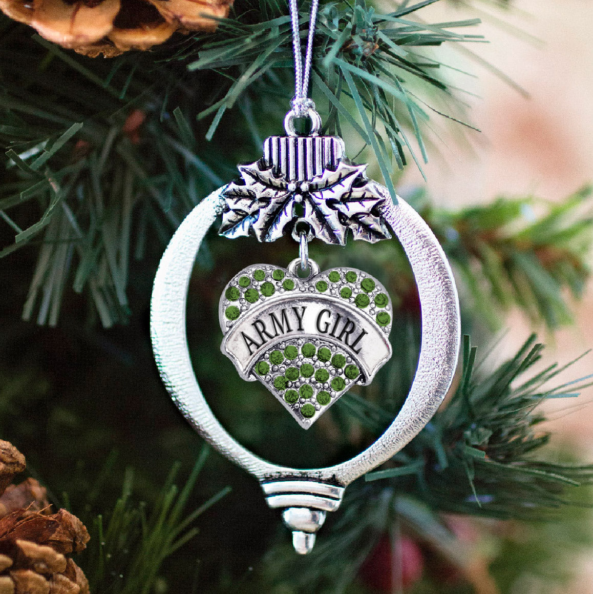 Silver Army Girl Green Pave Heart Charm Holiday Ornament