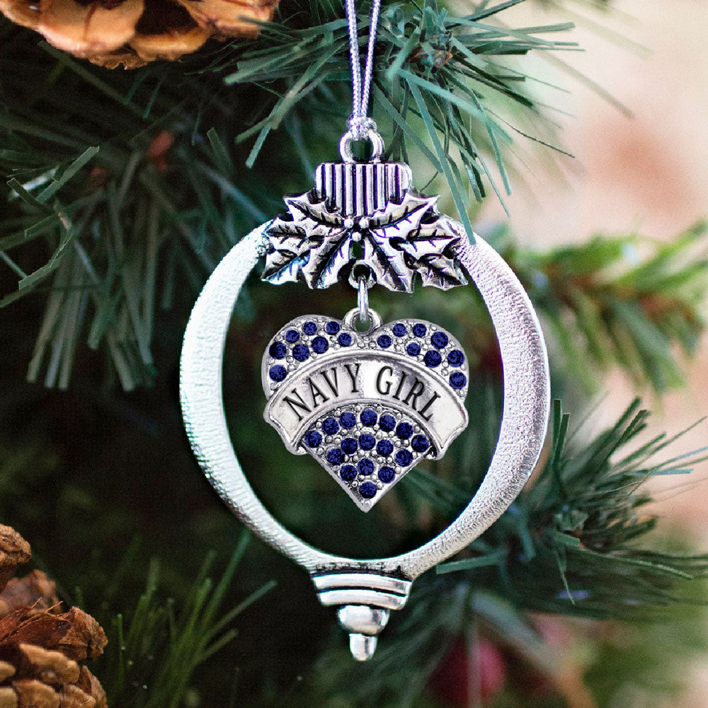 Silver Navy Girl Blue Pave Heart Charm Holiday Ornament