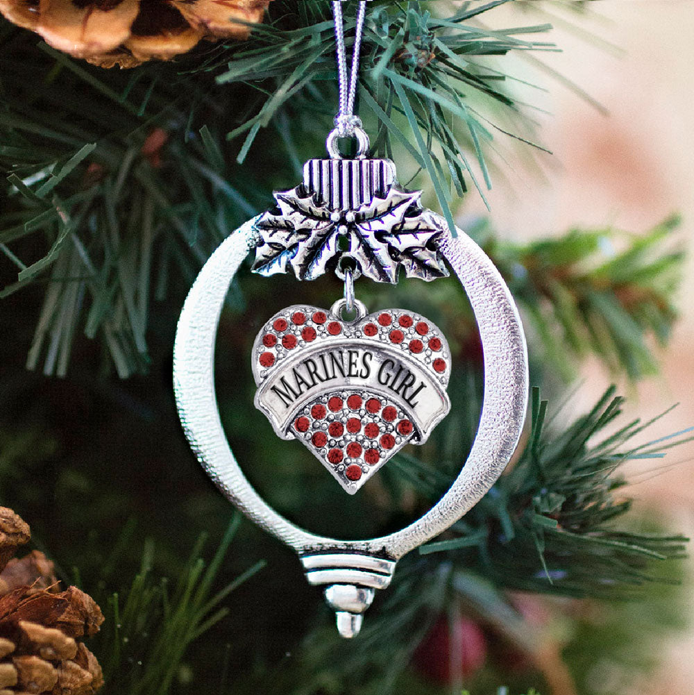 Silver Marines Girl Red Pave Heart Charm Holiday Ornament