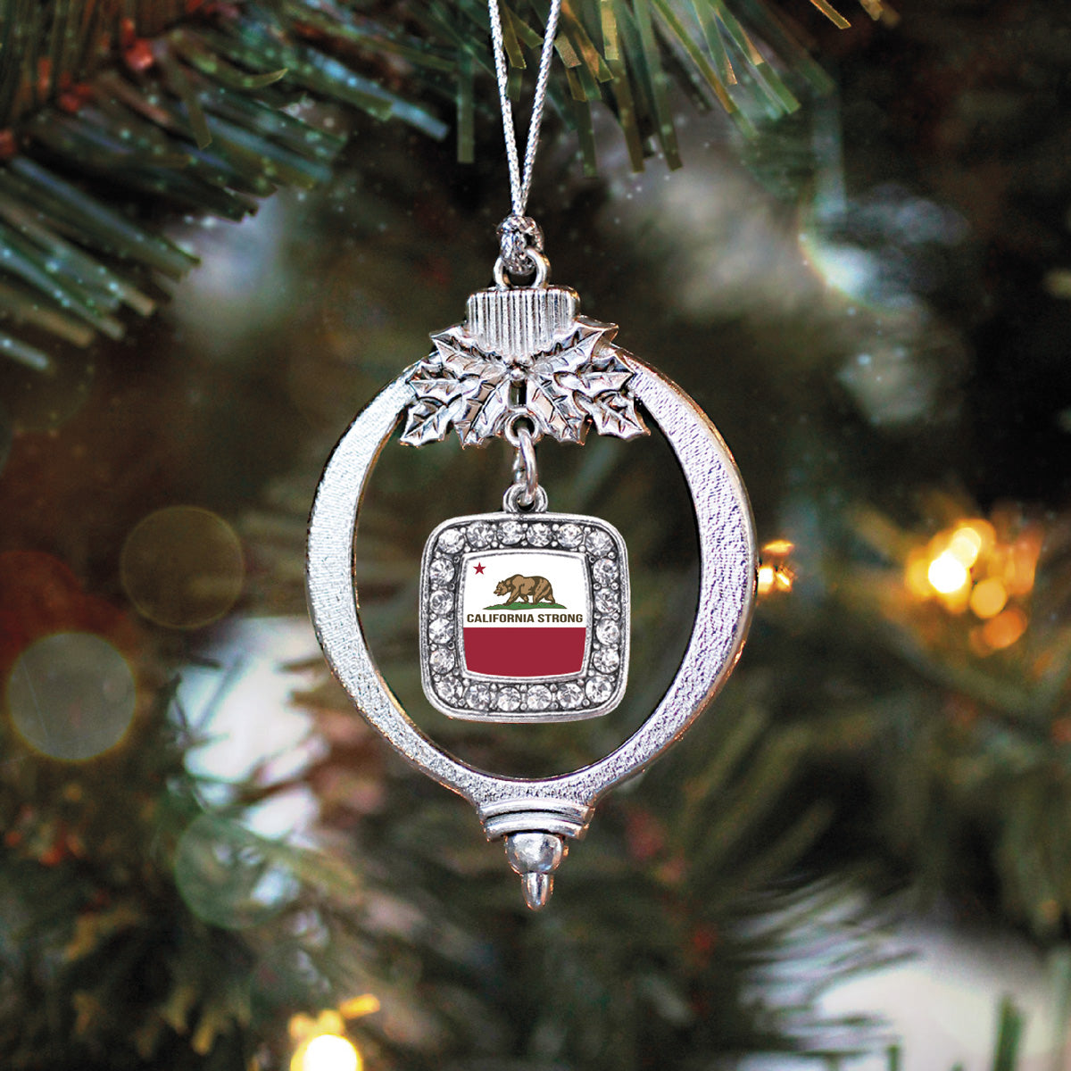 Silver California Strong Flag Square Charm Holiday Ornament