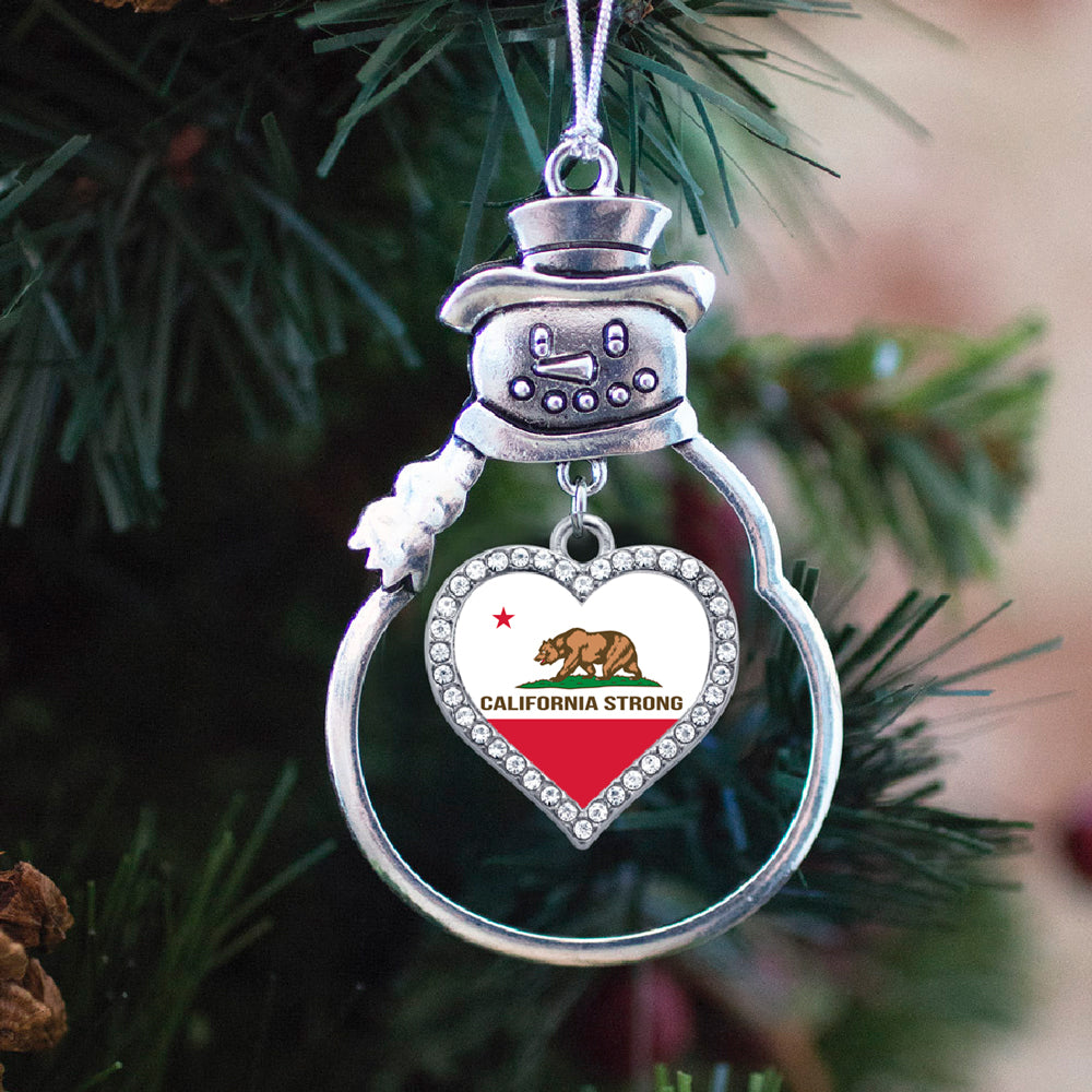 Silver California Strong Flag Open Heart Charm Snowman Ornament