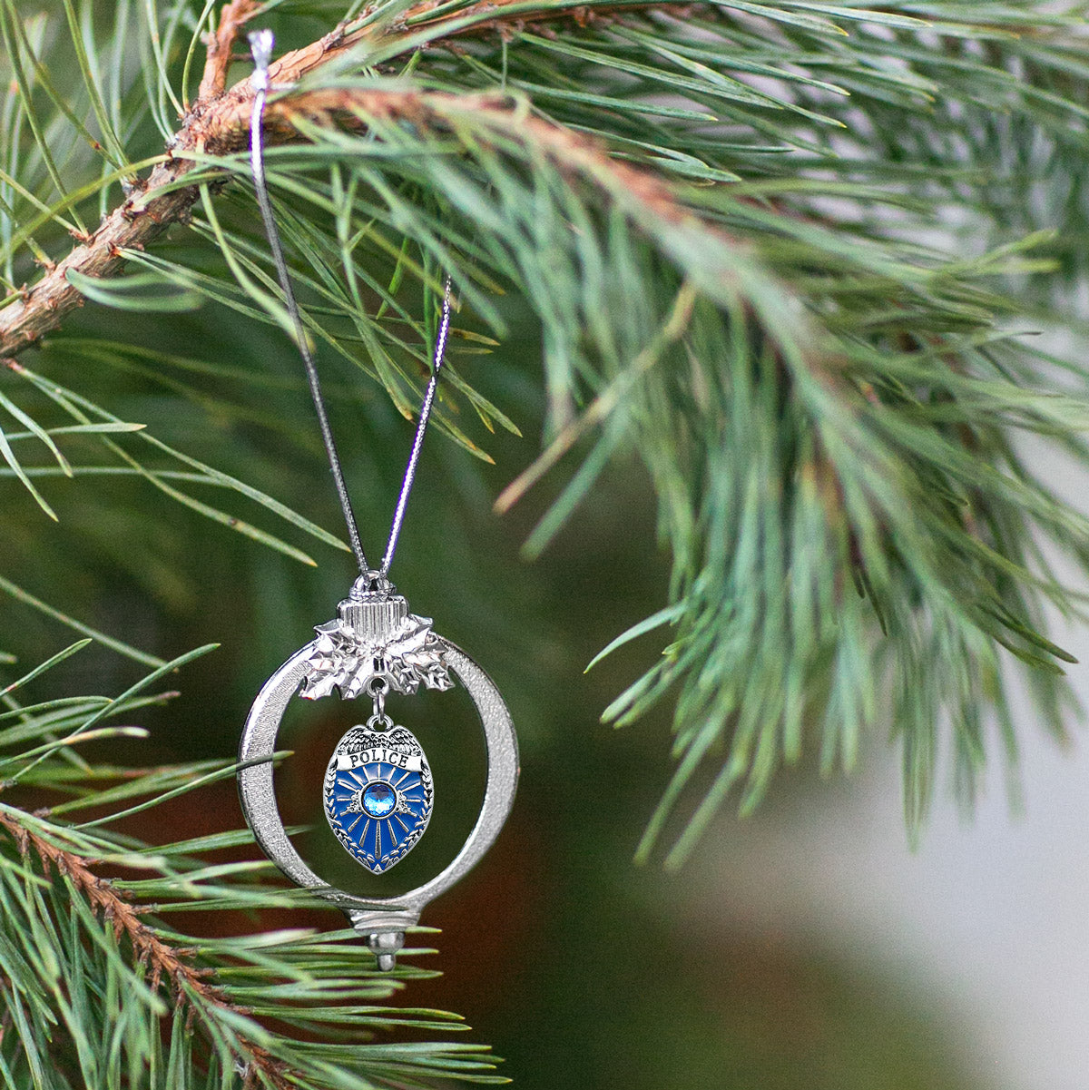 Silver Blue Police Badge Charm Holiday Ornament