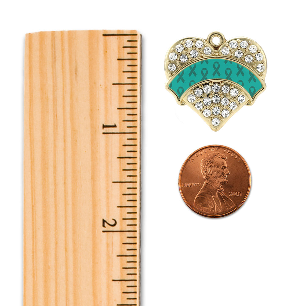 Gold Teal Ribbon Support Pave Heart Charm Snowman Ornament