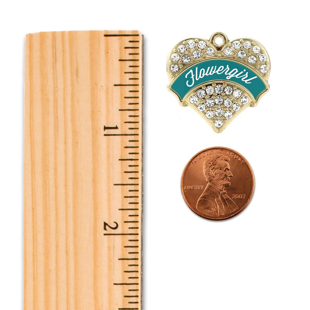 Gold Dark Teal Flower Girl Pave Heart Charm Holiday Ornament
