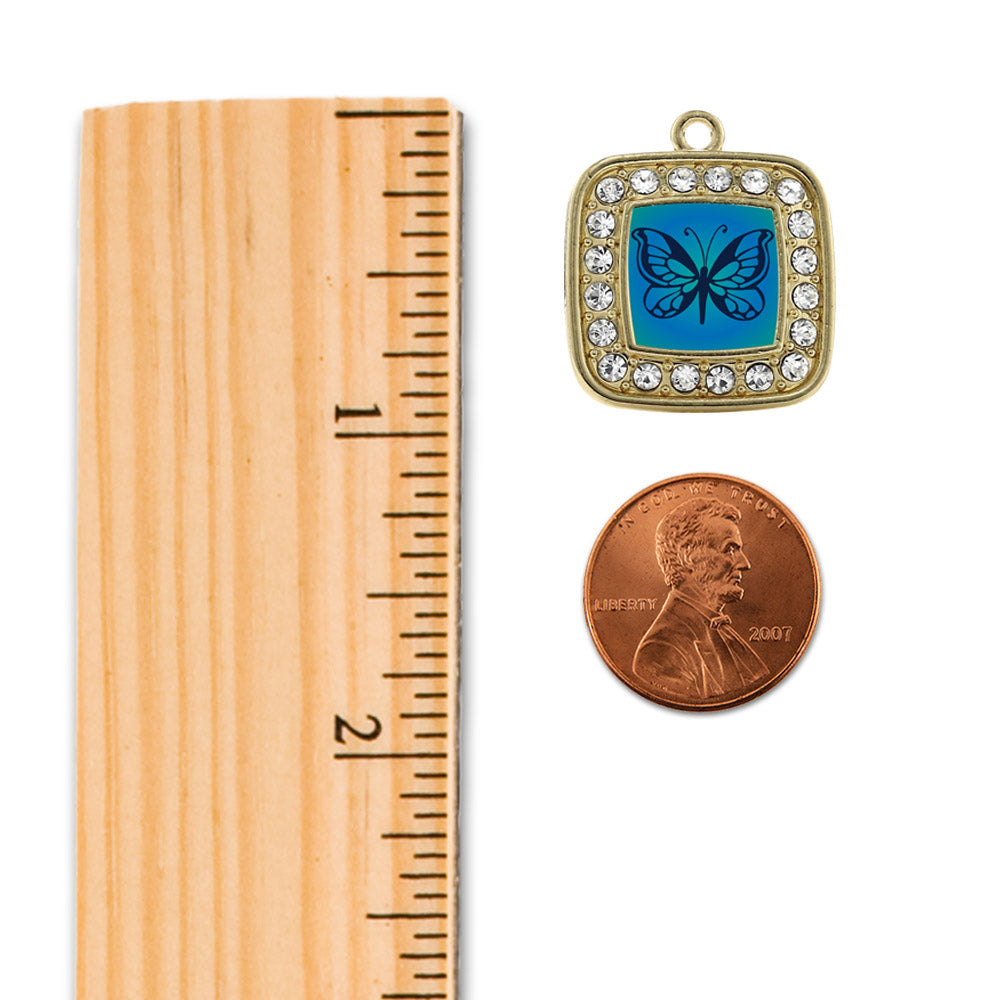 Gold Blue Butterfly Square Charm Holiday Ornament