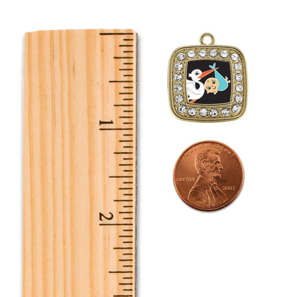 Gold Stork Brings A Boy Square Charm Snowman Ornament