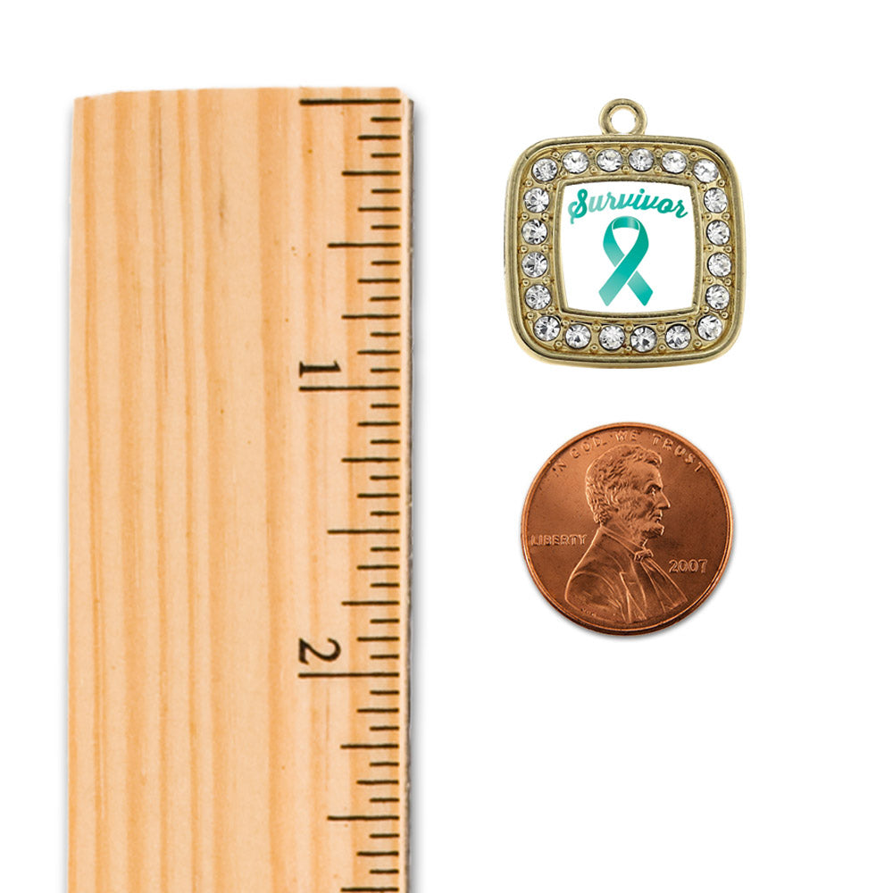 Gold Teal Ribbon Survivor Square Charm Holiday Ornament