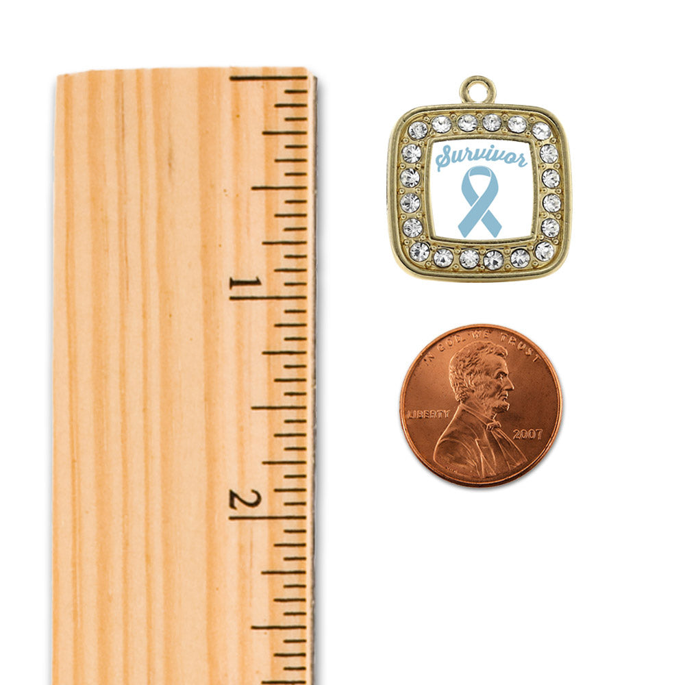 Gold Light Blue Ribbon Survivor Square Charm Holiday Ornament