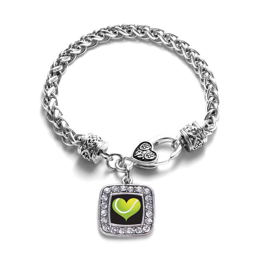 Silver Heart Of A Tennis Player Square Charm Braided Bracelet
