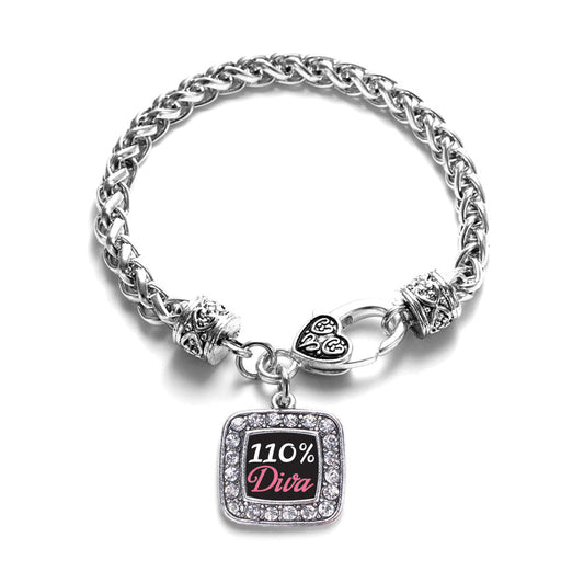 Silver 110% Diva Square Charm Braided Bracelet