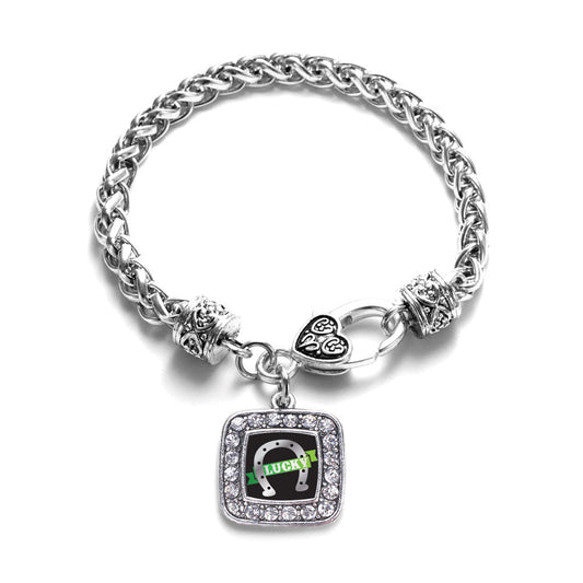 Silver Lucky Horse Shoe Square Charm Braided Bracelet