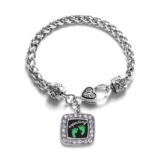 Silver We're Expecting! Footprints Square Charm Braided Bracelet