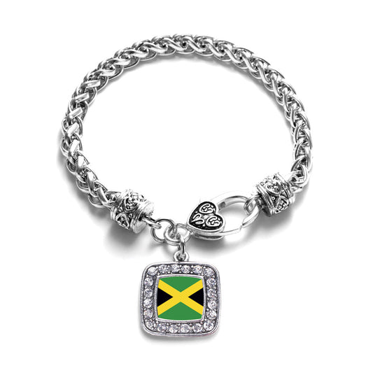 Silver Jamaican Flag Square Charm Braided Bracelet