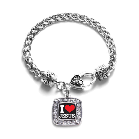 Silver I Love Jesus Square Charm Braided Bracelet