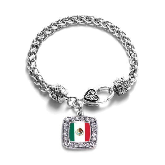 Silver Mexican Flag Square Charm Braided Bracelet