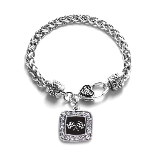 Silver Racing Flags Square Charm Braided Bracelet