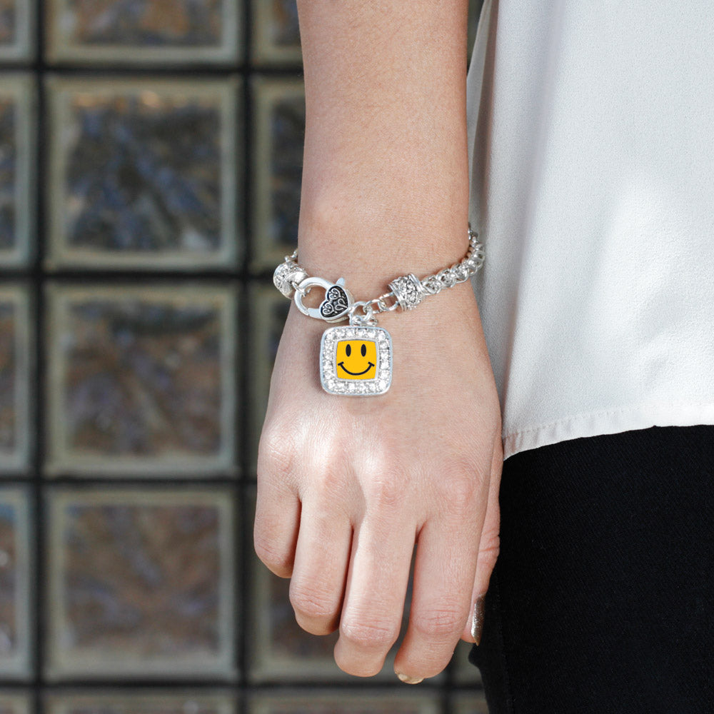 Silver Smiley Face Square Charm Braided Bracelet