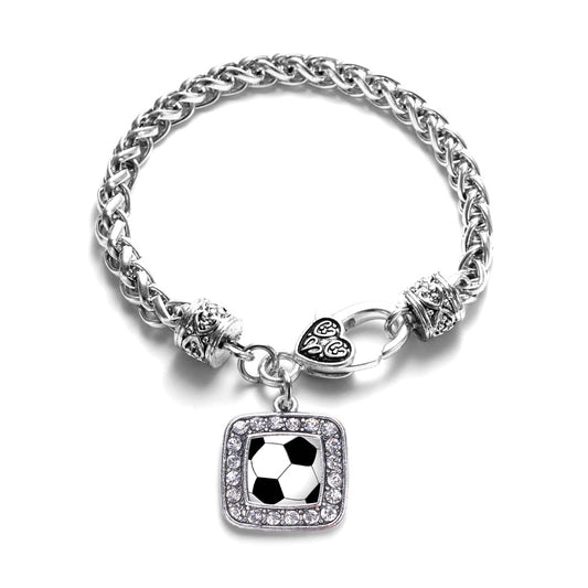 Silver Soccer Square Charm Braided Bracelet