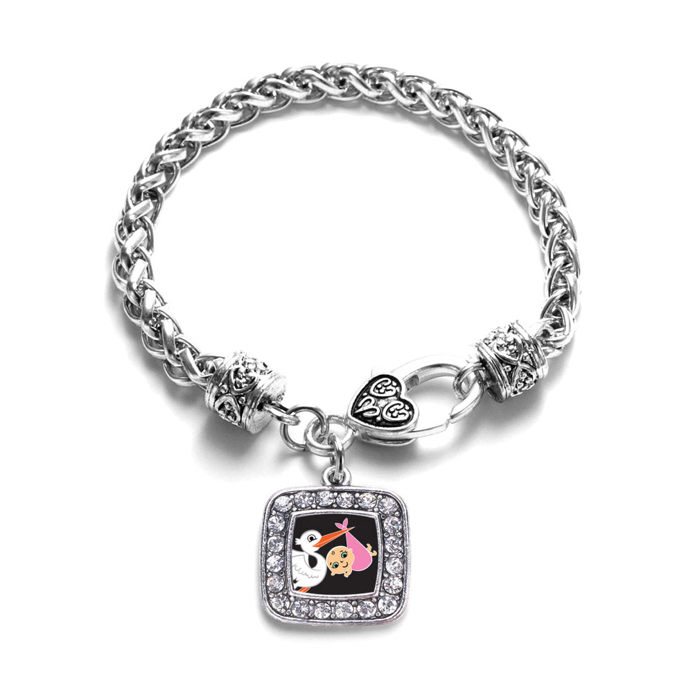 Silver Stork Brings A Girl Square Charm Braided Bracelet