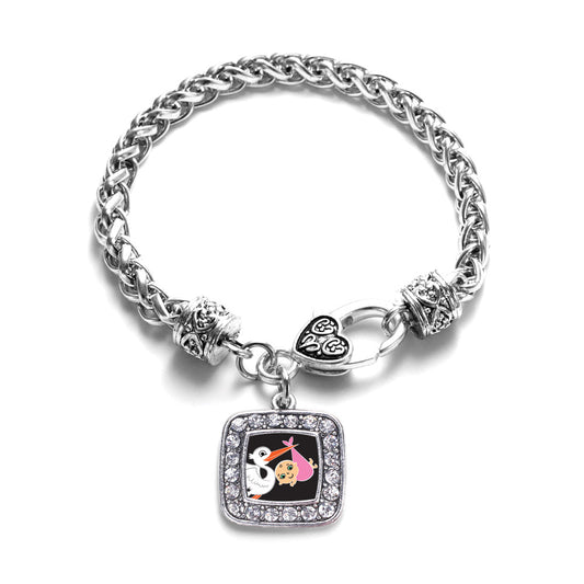 Silver Stork Brings A Girl Square Charm Braided Bracelet