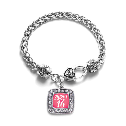 Silver Sweet Sixteen Square Charm Braided Bracelet