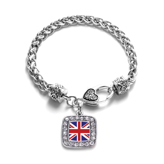 Silver UK Flag Square Charm Braided Bracelet