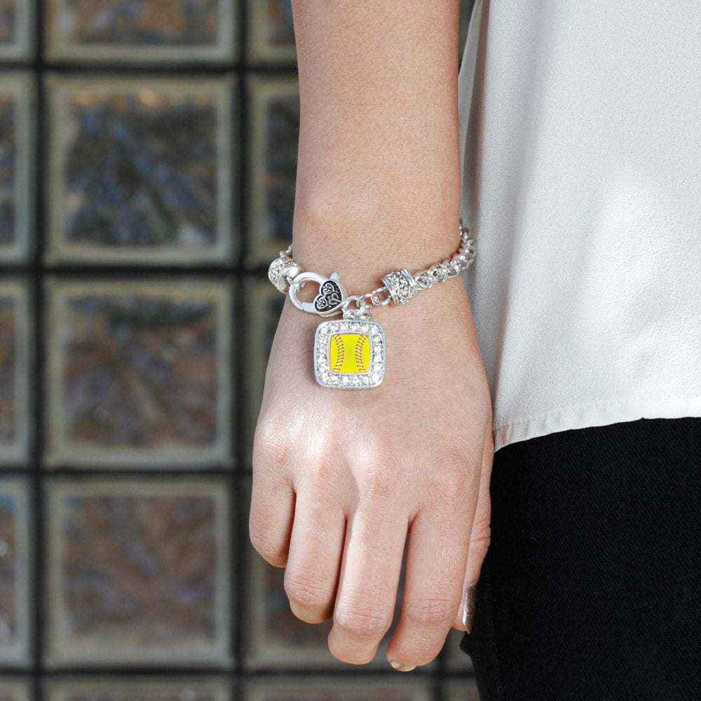 Silver Softball Square Charm Braided Bracelet
