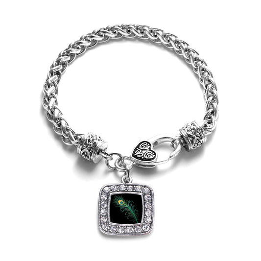 Silver Peacock Feather Square Charm Braided Bracelet