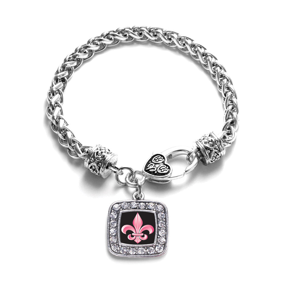 Silver Fleur De Lis Square Charm Braided Bracelet