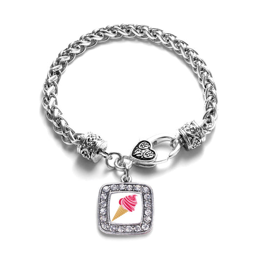 Silver Ice Cream Cone Lovers Square Charm Braided Bracelet