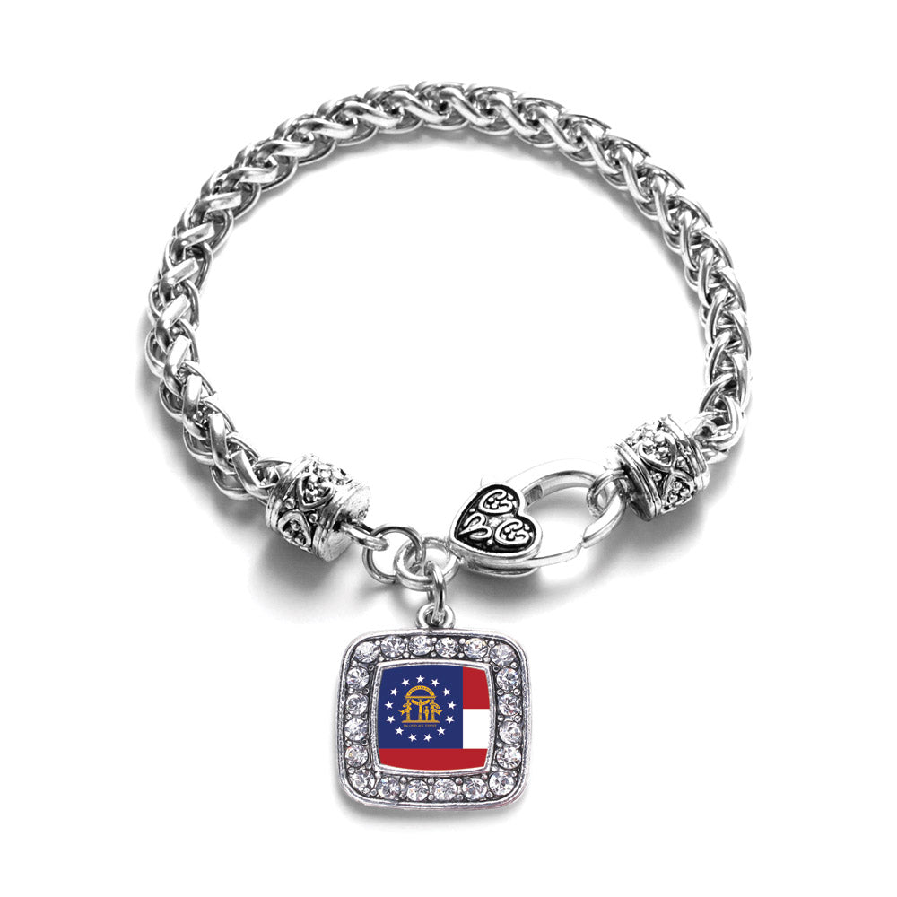 Silver Georgia Flag Square Charm Braided Bracelet