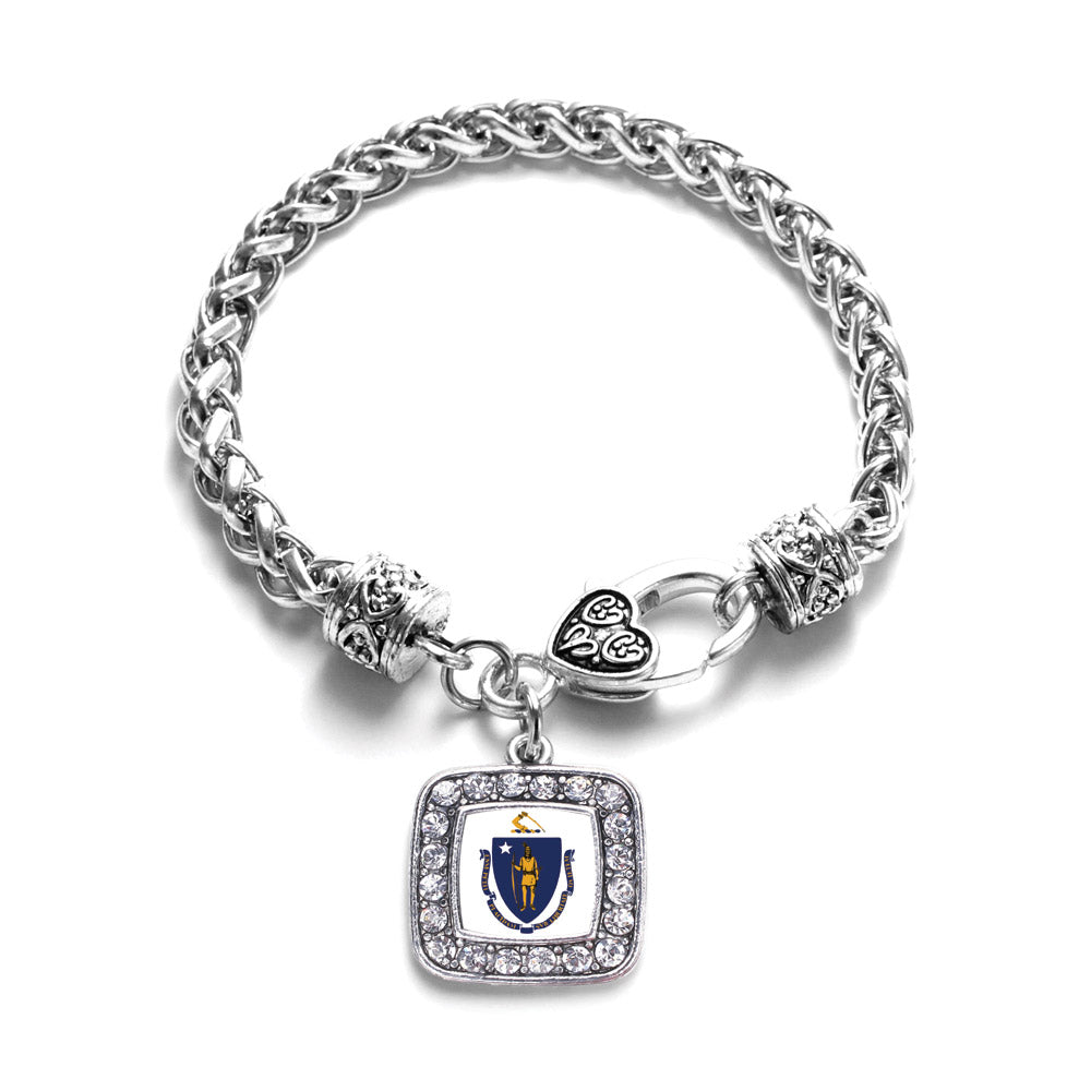 Silver Massachusetts Flag Square Charm Braided Bracelet
