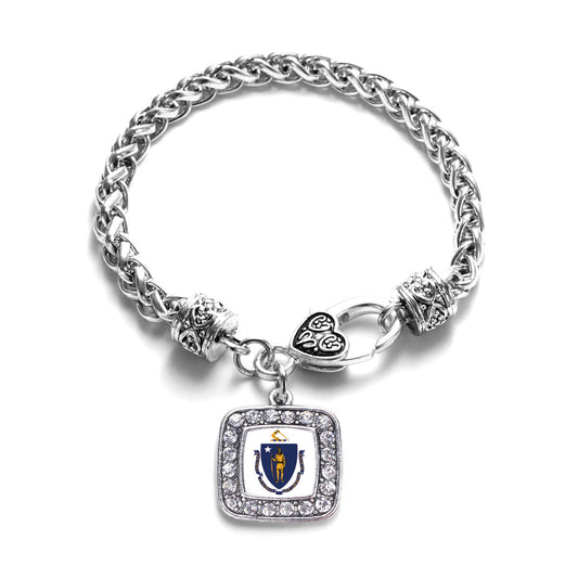 Silver Massachusetts Flag Square Charm Braided Bracelet