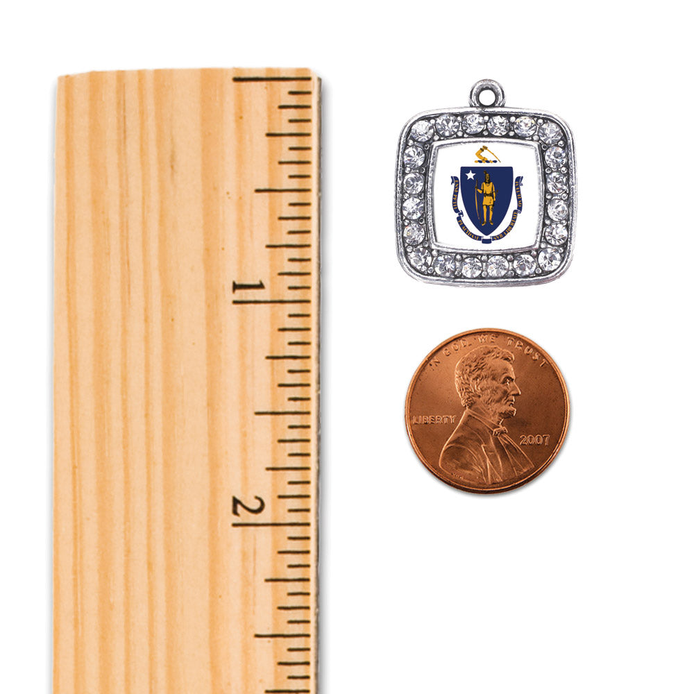 Silver Massachusetts Flag Square Charm Braided Bracelet