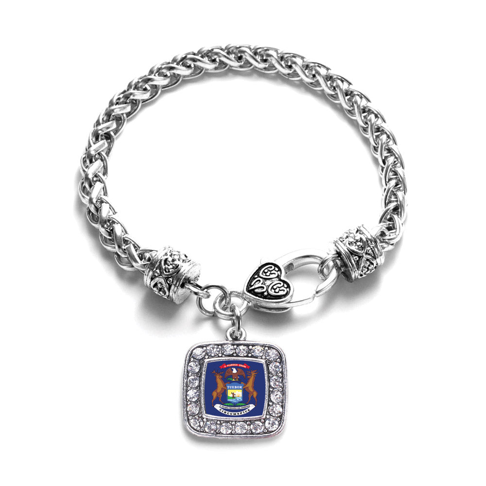 Silver Michigan Flag Square Charm Braided Bracelet